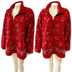 Tsunami Red Bandana Paisley Print Fleece Quarter Zip Pullover Large